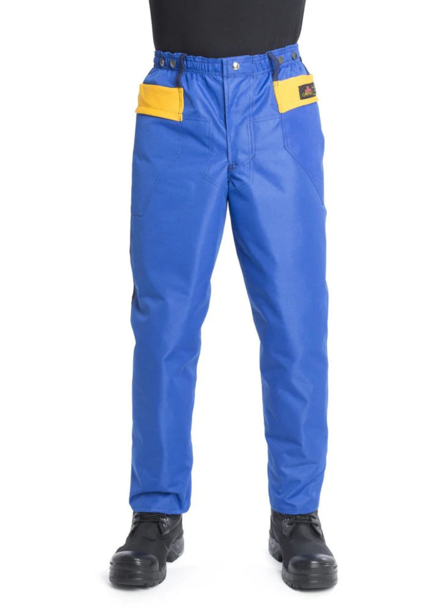 Blue work pants with yellow contrast panels on the front pockets, shown on a model from the waist down wearing black shoes against a white background.